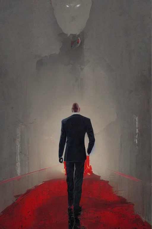 Image similar to an expressive full body portrait of agent 4 7 from hitman in a hallway full of guns, dark background, red rim light, digital art, artstation, concept art by giger stalenhag