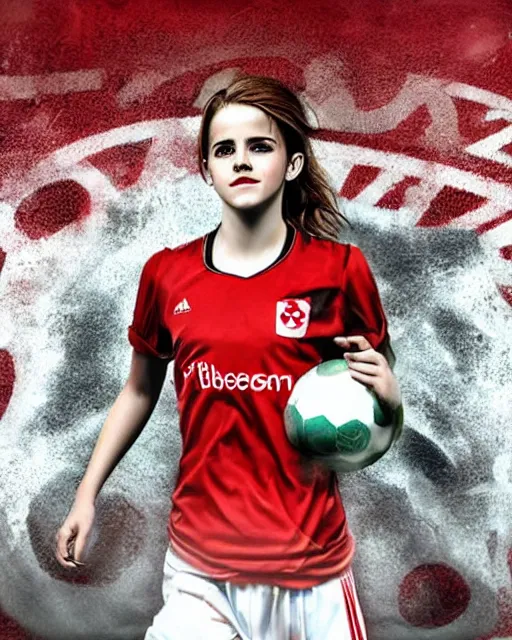 Image similar to emma watson as lokomotiv football player, hyper realistic, highly detailed