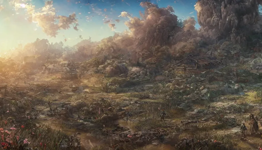 Prompt: the beautiful, dreamy, wistful view of a battlefield after war filled with death. hyperrealistic anime background illustration by kim jung gi, colorful, extremely detailed intricate linework, smooth, super sharp focus, bright colors, high contrast, matte, octopath traveler, unreal engine 5 highly rendered, global illumination, radiant light