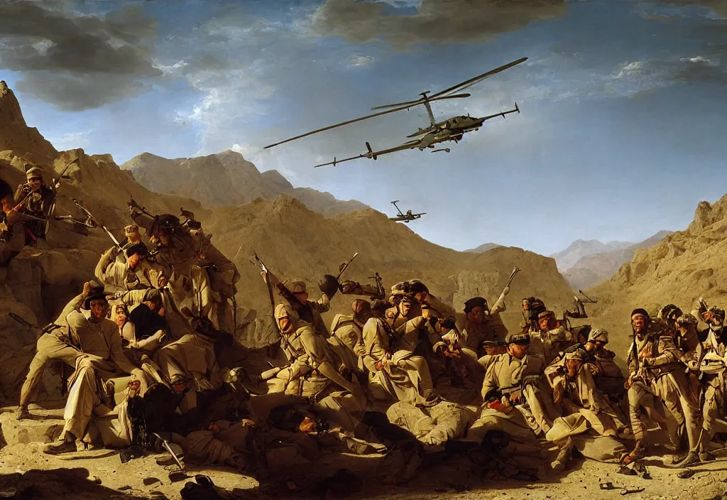 Image similar to afghanistan war portrait by jacques - louis david, desert, us army, battlefield, helicopters firing, bombs