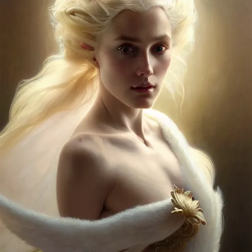 Image similar to portrait painting of a beautiful blonde woman with a kind face wearing a feathered cloak and a fancy silk white dress, ultra realistic, concept art, intricate details, eerie, highly detailed, photorealistic, octane render, 8 k, unreal engine. art by artgerm and greg rutkowski and charlie bowater and magali villeneuve and alphonse mucha