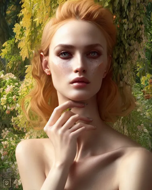 Prompt: beautiful digital painting of a stylish swedish socialite forest with high detail, real life skin, freckles, 8 k, stunning detail, works by artgerm, greg rutkowski and alphonse mucha, unreal engine 5, 4 k uhd