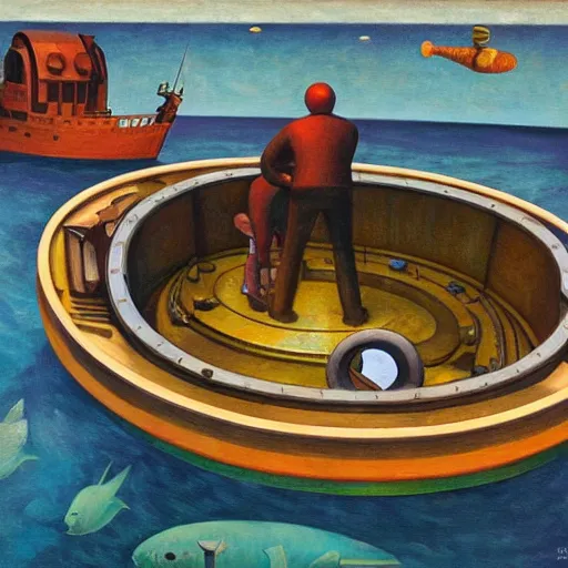 Image similar to giant bathysphere interior, portholes, scuba divers, grant wood, pj crook, edward hopper, oil on canvas