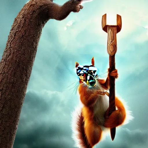 Image similar to the squirrel thor ~ holding his hammer ~ dramatic thunder background ~ fighting scene ~