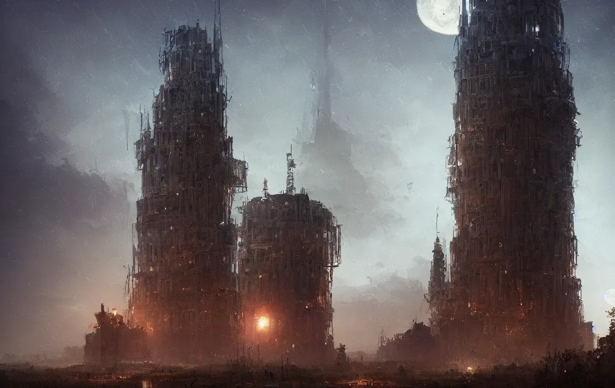 Prompt: A digital painting of the tower of Babylon, dim moonlight, by Ismail Inceoglu and Caspar David Friedrich, stunning, photorealistic, highly-detailed, 4k, ue5, light effect, rtx on, realistic, cinematic, IMAX quality, trending on artstation