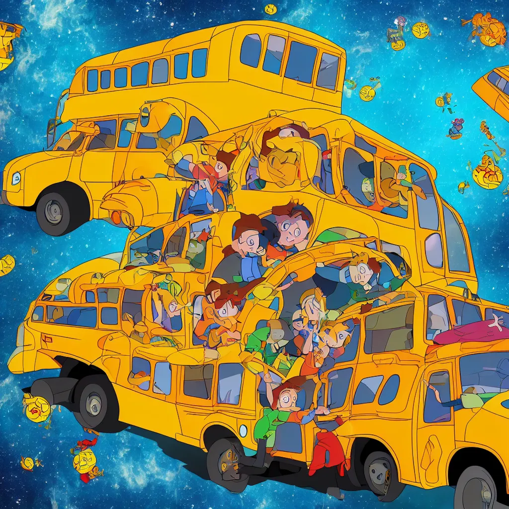 Prompt: magic school bus gone wrong, photo, 4 k