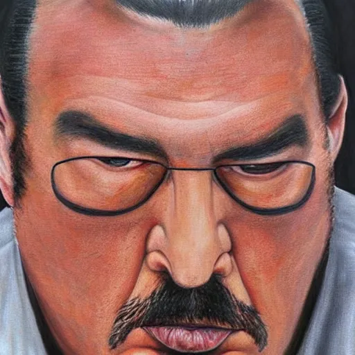 Prompt: portrait of sad steven seagal behind prison bars!, realistic, detailed