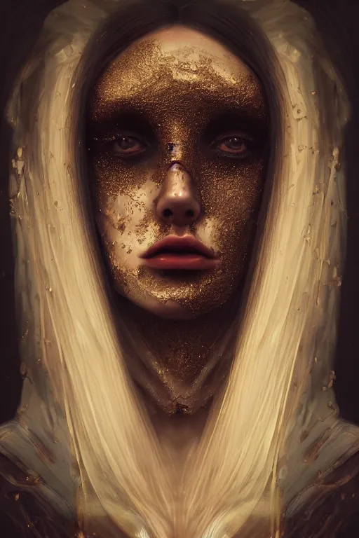 Prompt: photorealistic portrait of eyeless oracle, her eyes covered by veil, whispering dark energy by ayami kojima and ewelina kowalczyk and alessio albi, trending on artstation, realistic, photorealistic, vibrant colors, symmetrical face, baroque relief, gilded highlights, volumetric lighting, subsurface scattering