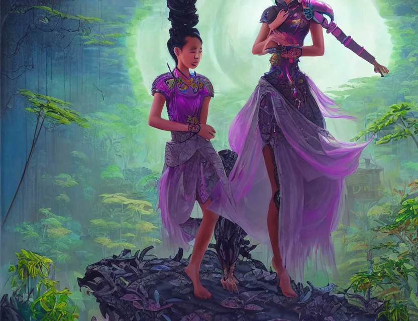 Image similar to southeast asian scifi princess of the cloud forest, wearing a lovely dress with cyberpunk details. this oil painting by the beloved children's book author has an interesting color scheme and impeccable lighting.