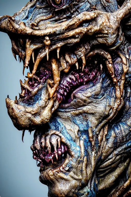 Image similar to photo taken of an epic intricate, ultra detailed, super realistic gritty, wet, slimy, lifelike sculpture of a nightmarish hellish alien ghoulish creature created by weta workshop, zoomed in shots, photorealistic, sharp focus, white wall coloured workshop, cold blueish colour temperture, f 0. 4, face centred, golden ratio, golden hour
