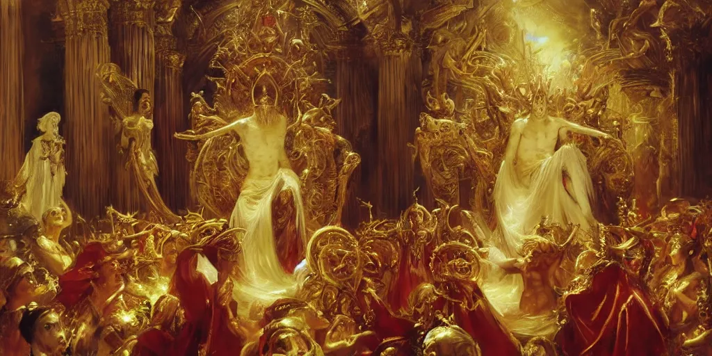 Image similar to beautiful oil painting, high details, alien in royal crimson robes enthroned as the alien god emperor of ancient civilization surrounded by servants in gilded halls a golden wreath upon his head, by anders zorn, wonderful masterpiece by greg rutkowski, beautiful cinematic light, american romanticism, by giger, rolf armstrong, ernie barnes, thomas lawrence, greg rutkowski