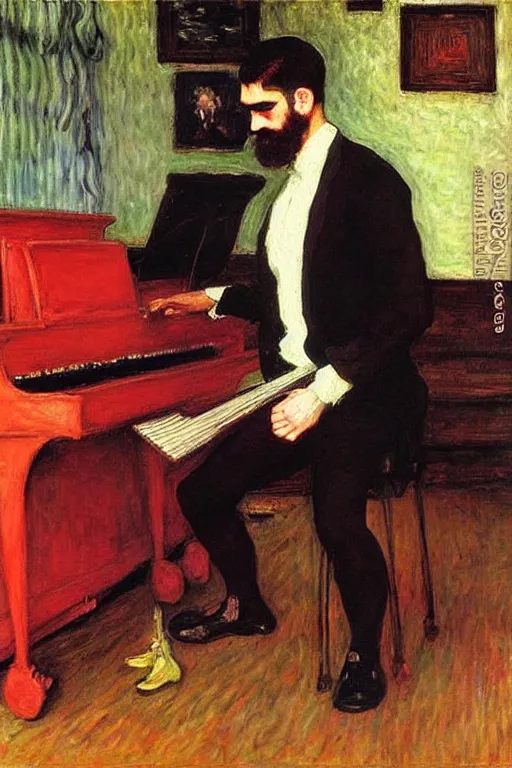 Image similar to attractive man playing piano, painting by tom of finland, john william waterhouse, claude monet