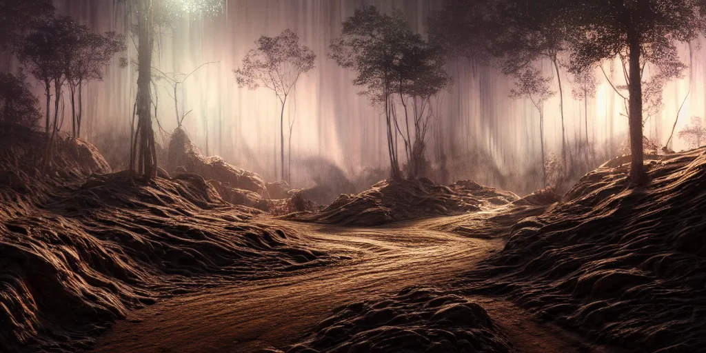 Image similar to hyperrealistic mixed media painting of a dirt trail, stunning 3d render inspired art by P. Craig Russell and Barry Windsor-Smith + dim volumetric lighting, dizzy, full body, 8k octane beautifully detailed render, post-processing, extremely hyperdetailed, intricate, epic composition, grim yet sparkling atmosphere, cinematic lighting + masterpiece, trending on artstation, very very detailed, masterpiece, stunning