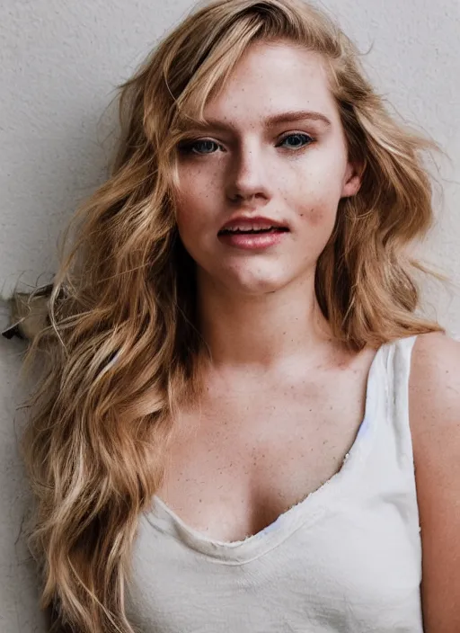 Image similar to Portrait Photography closeup of a Blonde Girl, Young Beautiful Face, Green Eyes, Freckles, Wearing a white crop-top and jeans, with a subtle smile, Epic, Charming, Character, trending on 500px