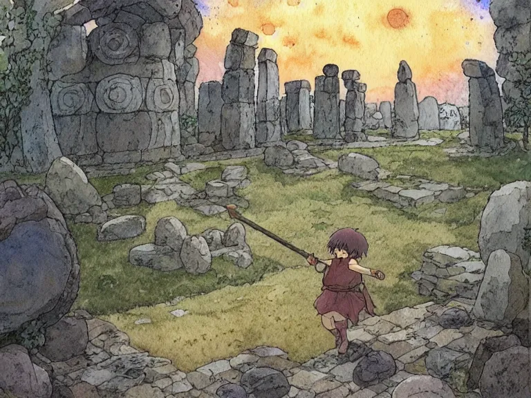 Image similar to a simple watercolor studio ghibli movie still fantasy concept art of a giant medieval kid playing with stones like they are toys in a tiny stonehenge. it is a misty starry night. by rebecca guay, michael kaluta, charles vess