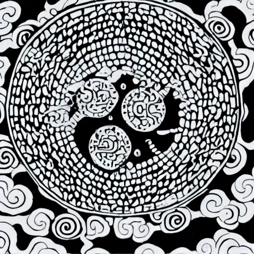 Image similar to a battle tank blasting with yin - yang black and white daoist paint, in a cosmic field