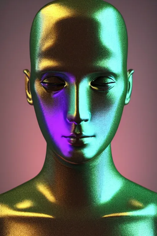 Image similar to 3d render of holographic human robotic bust made of glossy iridescent, bust, surrealistic 3d illustration of a human non-binary, non binary model, 3d model human, cryengine, made of holographic texture, holographic material, holographic rainbow, concept of cyborg and artificial intelligence