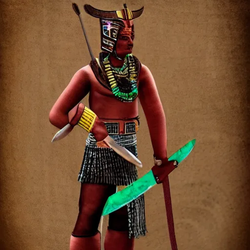 Prompt: high resolution render of an Aztec Warrior with jade jewelry and a stone bladed club