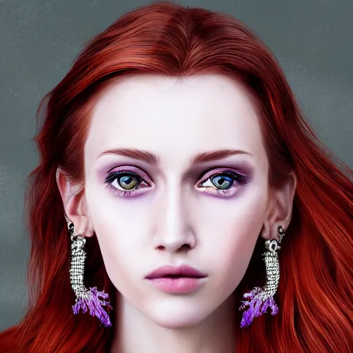 Image similar to Beautiful photorealistic portrait of a woman with purple eyes and long red hairs wearing shiny earings , higly detailed, 8K