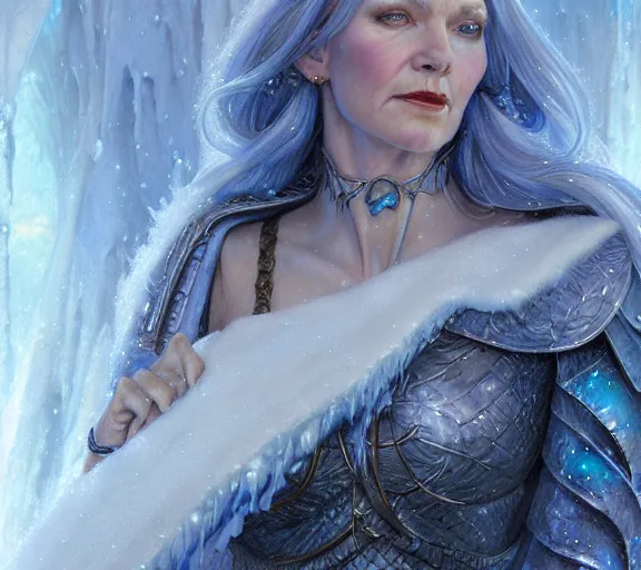 Prompt: The Ice Queen, snow, ice, cinematic, digital painting, hyperdetailed | donato giancola, ralph horsley | waist-up portrait | dungeons and dragons