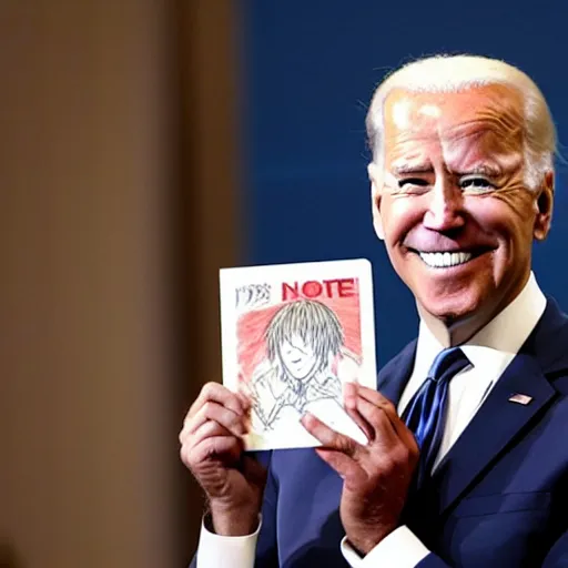 Image similar to joe Biden holding death note, anime style