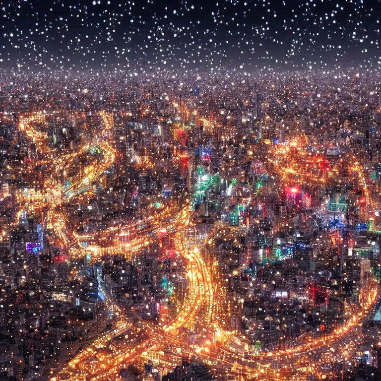 Image similar to beautiful and highly detailed 3 d render of tokyo with many lights and lens flares, snowy winter christmas night