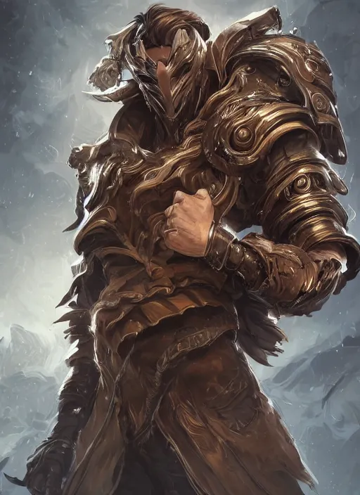 Prompt: a highly detailed illustration of thick wavy brown haired young white guy wearing brown coat and face mask, black mechanical arms on his back, dramatic standing pose, intricate, elegant, highly detailed, centered, digital painting, artstation, concept art, smooth, sharp focus, league of legends concept art, WLOP