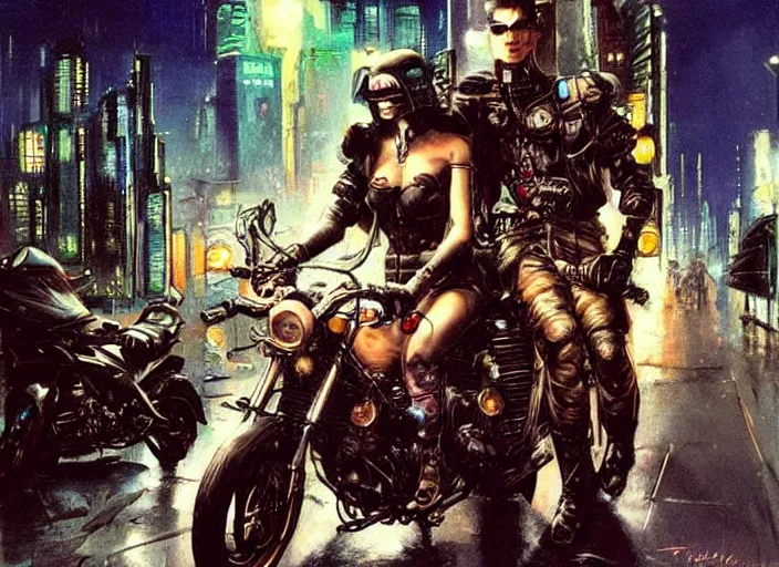Image similar to 2 attractive cyberpunk females on motorcycles in a gritty futuristic city at night in the rain, art by Simon Bisley Frank Frazetta Martin Emond