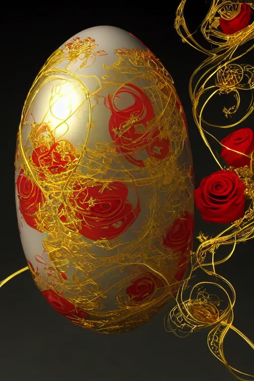 Prompt: a detailed glowing egg with swirls of red and blue emerging from the blossom of a metallic gold flower with tendrils of gold wrapping around the egg, an egg sitting on a rose made out of silver and gold, fantasy concept art, unreal engine 5, volumetric lighting, trending on artstation