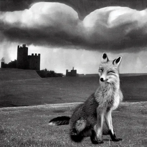 Image similar to anthropomorphic fox!! who is a medieval knight holding a swo - rd towards a stormy thundercloud [ 1 9 3 0 s film still ], ( castle in the background )