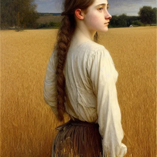 Prompt: a detailed, intricate oil painting portrait of a ukrainian peasant girl who resembles a teenage saoirse ronan and emma watson, in a field of grain, by william adolphe bougereau, john williams waterhouse, and donato giancola