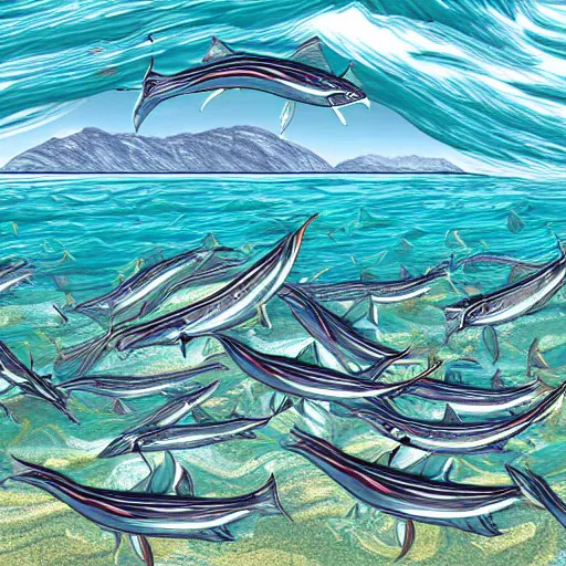 Prompt: plump anchovies build an archipelago in the sheltered waters of a warm tropical ocean, digital art