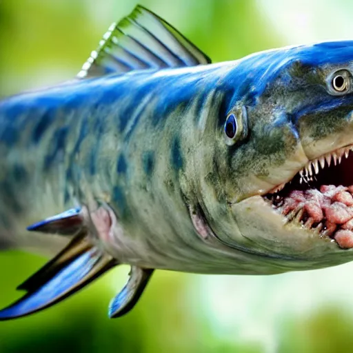 Prompt: i dreamt of a barracuda with human flesh in my backyard