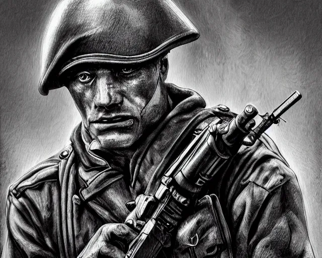 Prompt: A soldier with a hateful face holding a machine gun, world war 1, close-up, realistic face, beautiful face detail, mature facial features, black and white, amazing digital art, hyper detailed, artstation, in the style of Tony Sart