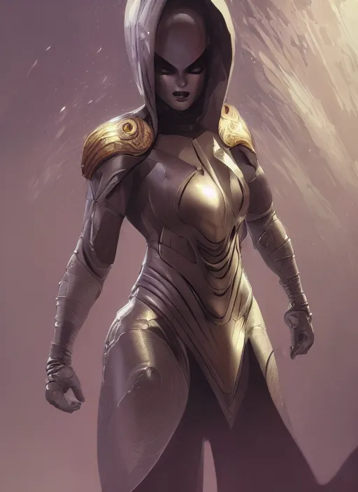 Image similar to female moon knight, hyper detailed, dynamic background, digital art, trending in artstation, cinematic lighting, studio quality, smooth render, unreal engine 5 rendered, octane rendered, art style by klimt and nixeu and ian sprigger and wlop and krenz cushart