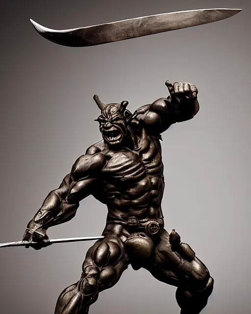 Prompt: a full figure rubber sculpture of running Orc holding a sword, by Frazetta and Bernini, dramatic lighting, wide angle lens