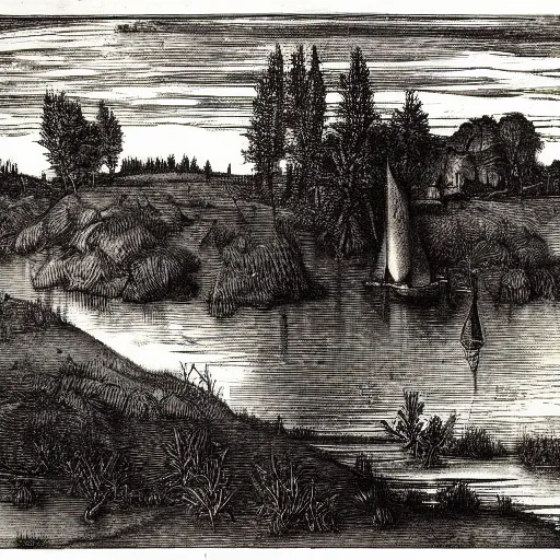 Prompt: albrecht durer engraving of a new england marsh