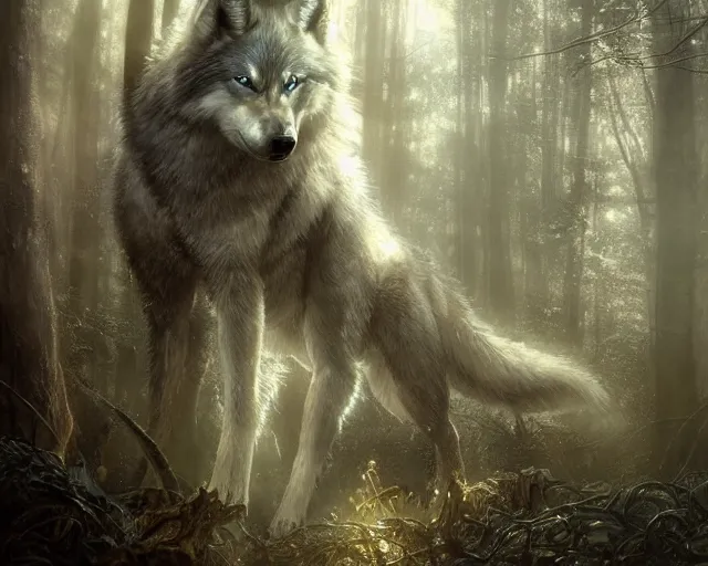 Prompt: 5 5 mm portrait photo of an armored holy angelic wolf with blue eyes and looking at the camera, glowing with holy lights, in a magical forest. magical atmosphere. art by greg rutkowski and luis royo. highly detailed 8 k. intricate. lifelike. soft light. nikon d 8 5 0.