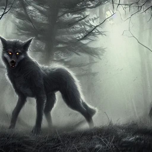 Image similar to Werewolf cinematic, detailed illustration, nature, fog, dark colors, unknown, confusing, 8k,