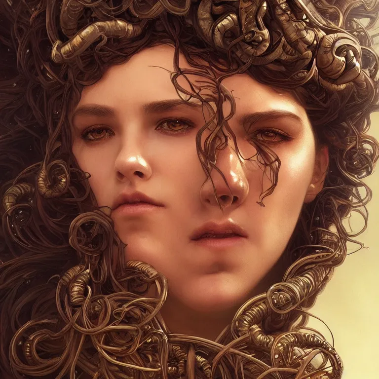 Image similar to a portrait of medusa, headshot, highly detailed, digital painting, artstation, concept art, sharp focus, cinematic lighting, illustration, art by artgerm and greg rutkowski, alphonse mucha, cgsociety