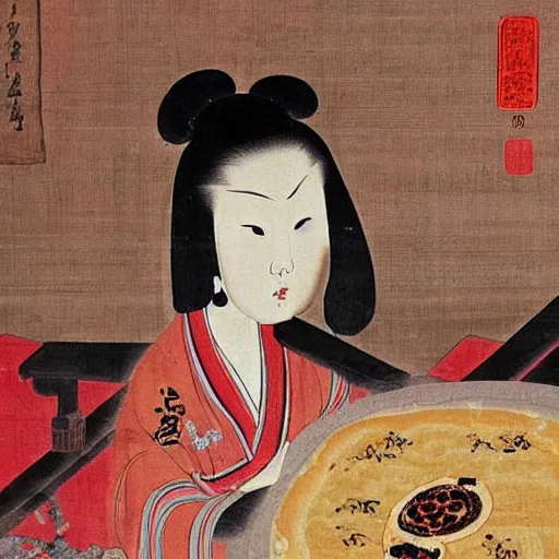 Prompt: the Chinese ancient painting of a lady eating a pizza with fork and knife in Tang Dynasty , by Han Xizai
