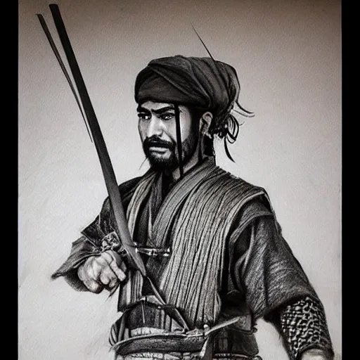 Image similar to Kurdish samurai, detailed charcoal sketch, realistic, incredibly detailed, award winning art, cinematic, extremely high detail, concept art