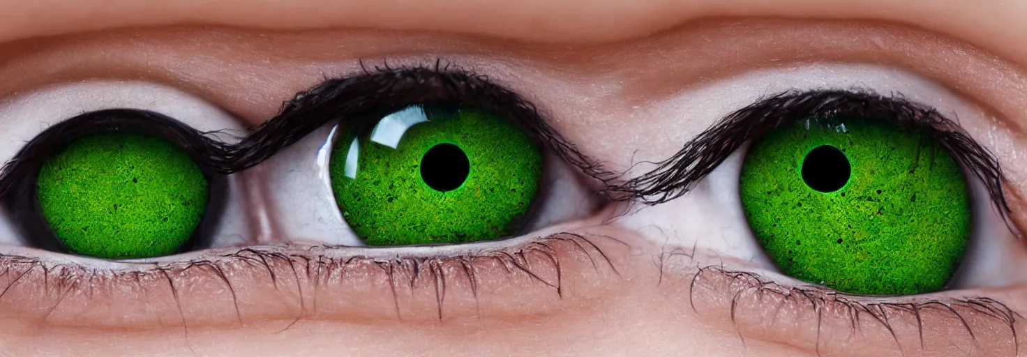 Prompt: close up of a female dead green eye reflecting a female figure holding a pistol