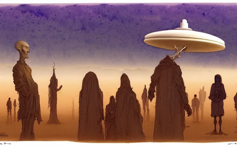 Image similar to a hyperrealist watercolour character concept art portrait of a 1 0 ft. tall thin alien with a high forehead on a misty night in the desert. a small group of people are watching from the foreground. a ufo is in the background. by rebecca guay, michael kaluta, charles vess and jean moebius giraud