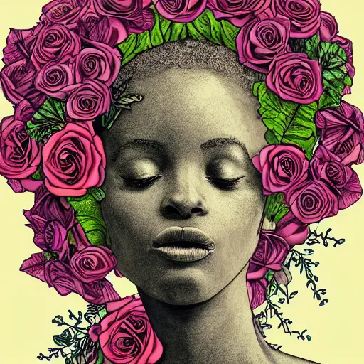 Image similar to the anatomy of a head of lettuce with roses that resemble a beautiful young african woman looking up, an ultrafine detailed illustration by james jean, intricate linework, bright colors, final fantasy, behance contest winner, vanitas, angular, altermodern, unreal engine 5 highly rendered, global illumination, radiant light, detailed and intricate environment