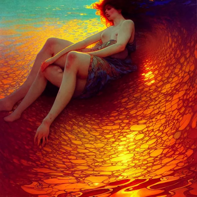 Prompt: mind bending ocean waves of glossy kaleidoscopic liquid honey drops flowing like psychedelic translucent amber, lsd waves, lsd ripples, backlit, sunset, refracted lighting, art by collier, albert aublet, krenz cushart, artem demura, alphonse mucha