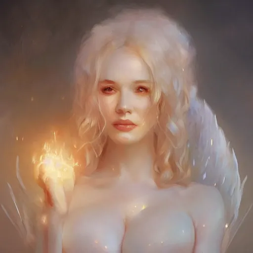 Image similar to Portrait of a Christina Hendricks with angel wings, and a glowing halo, white lighting, digital art by Ruan Jia and Mandy Jurgens and Artgerm, highly detailed, trending on artstation, award winning,