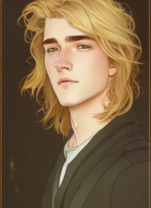 Image similar to pretty young man with shoulder length shiny shimmering golden blond hair, half body shot, path traced, highly detailed, high quality, digital painting, by studio ghibli and alphonse mucha, leesha hannigan, hidari, disney