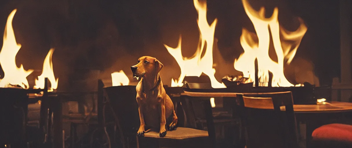 Image similar to a photograph (flash on) of a relaxed anthropomorphic dog sitting on a chair at a dinner table (no fire at all there), surrounded by flames, cup of coffee on the table, huge fire on this dining room in the background, a lot of flames behind the dog, black smoke instead of the ceiling, no watermark