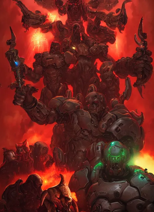 Image similar to ( doom ) cover featuring doom slayer!! surrounded by demons, cyberdemon, by kenneth scott, artstation, vivid gaze